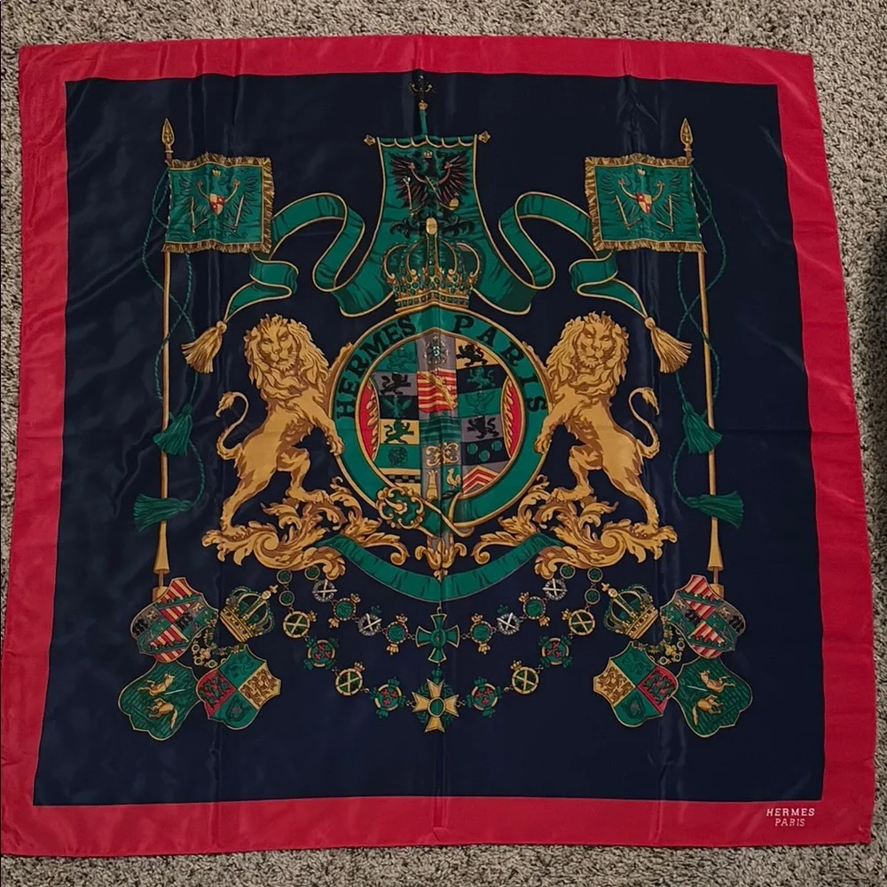 Authentic Vintage Hermès Paris Lion Crest Silk Scarf. 35”x35” - Picture 1 of 5